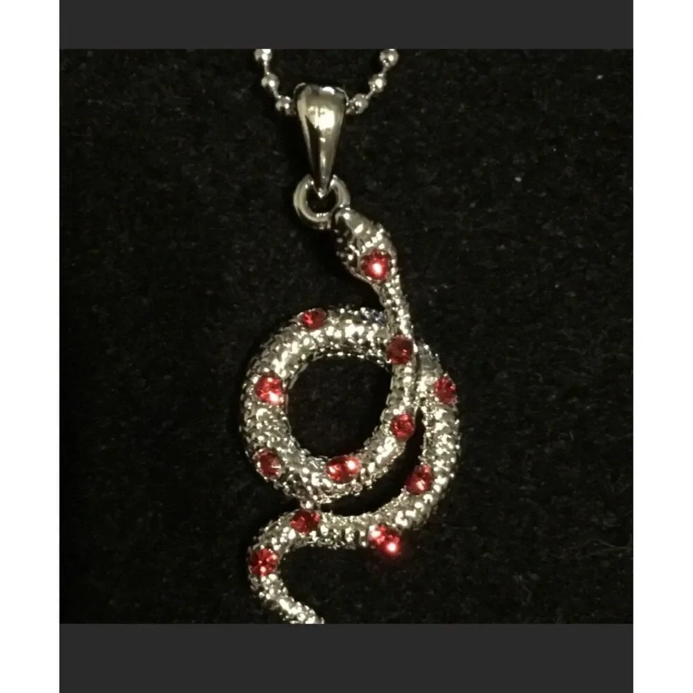 NEW~Silver Slither Snake & Ruby Gemstone Design Pendant Necklace